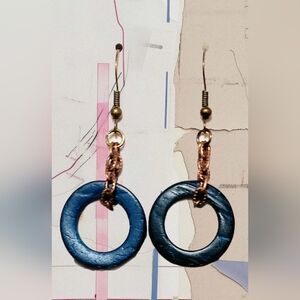 Blue Wood Hoop and Copper Chain Dangle Earrings